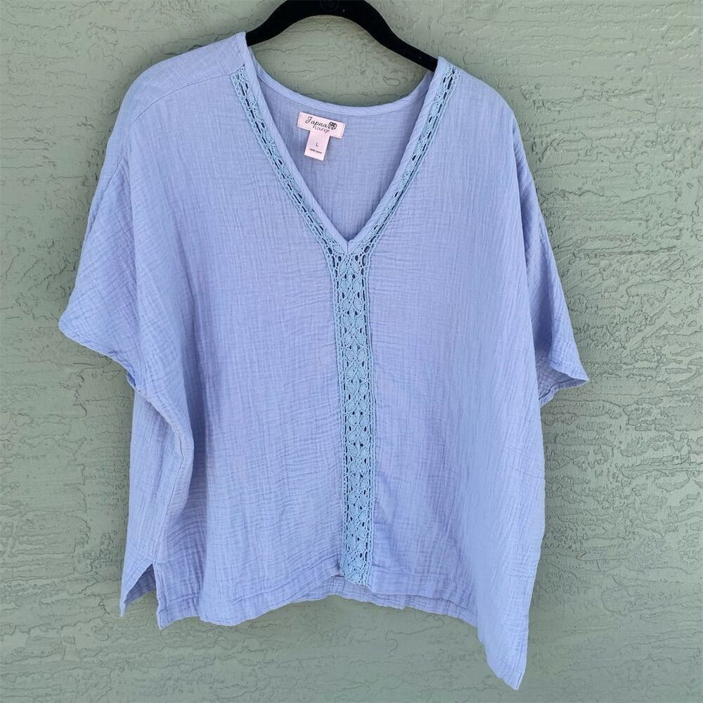 Japna Lounge Women's Blue V-Neck Blouse Size L Lace Detail Relaxed Fit